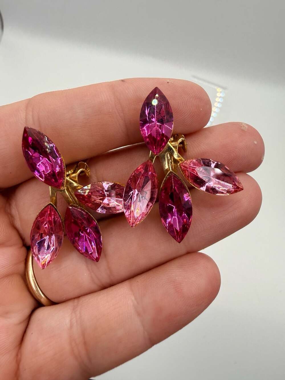 Vintage Pink Navette Rhinestone Clip On Earrings